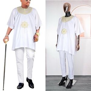Mens African Embroidery Baggy Tubu Shirt & Pants 2 Pieces Outfit Nigerian XL